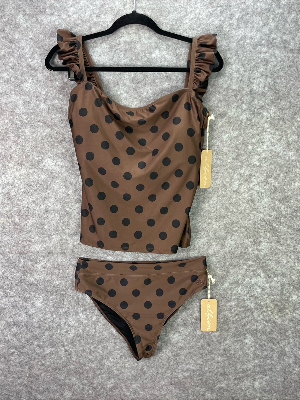 Albion Tankini Swim Set Womens M Top L Bottom Brown Black Cocoa Polka Dot Ruffle